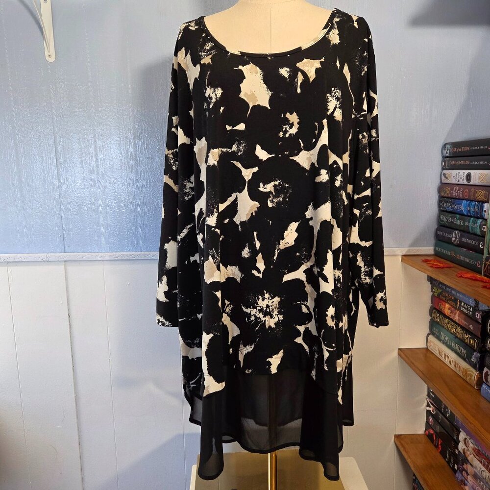 Avenue 30/32 Black Floral Layered Semi Sheer Longsleeve Dressy Tunic Top Blouse